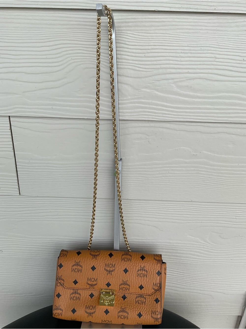 MCM Cognac Monogram Crossbody with Gold Chain